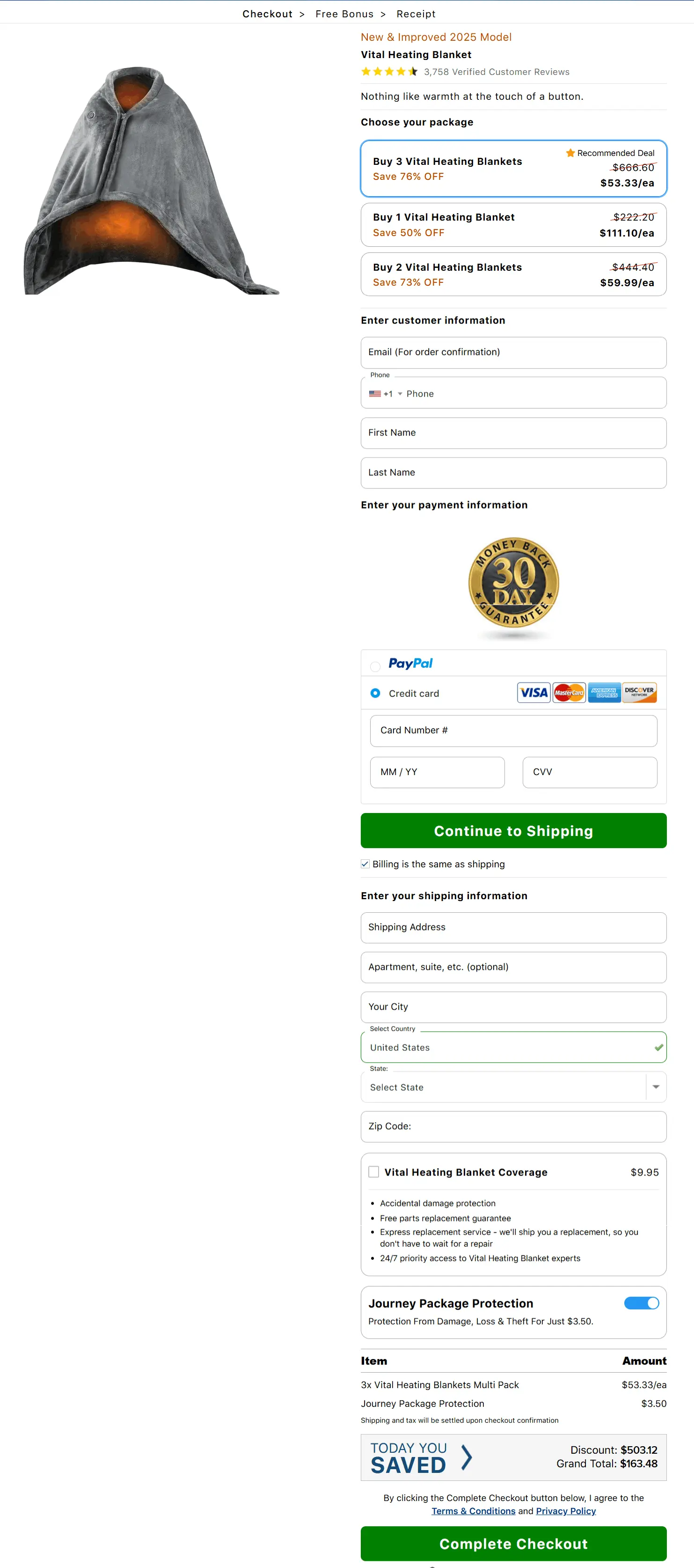 vital heating blanket secure checkout page